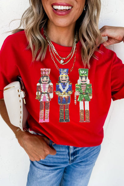 Women's Sequin Nutcracker Festive Red Graphic Tee