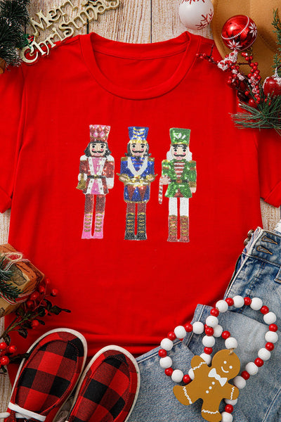 Women's Sequin Nutcracker Festive Red Graphic Tee