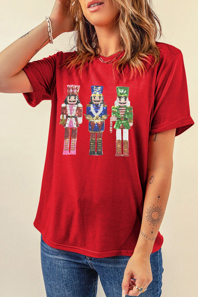 Women's Sequin Nutcracker Festive Red Graphic Tee