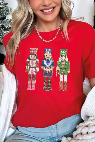 Women's Sequin Nutcracker Festive Red Graphic Tee