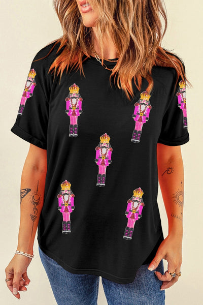 Women's Sequin Pink Nutcracker Relaxed Holiday Graphic Tee