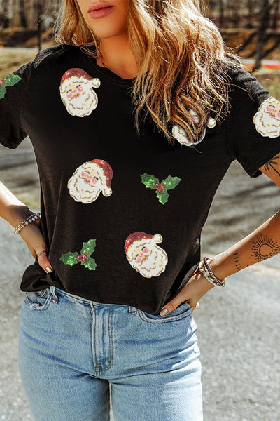 Women's Sequin Santa Embellished Holiday Graphic Tee