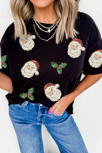 Women's Sequin Santa Embellished Holiday Graphic Tee