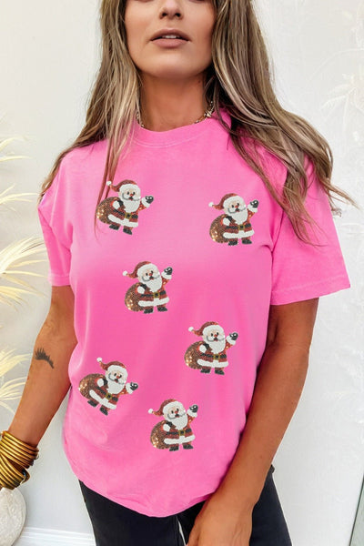 Women's Sequin Santa Graphic Tee in Sachet Pink
