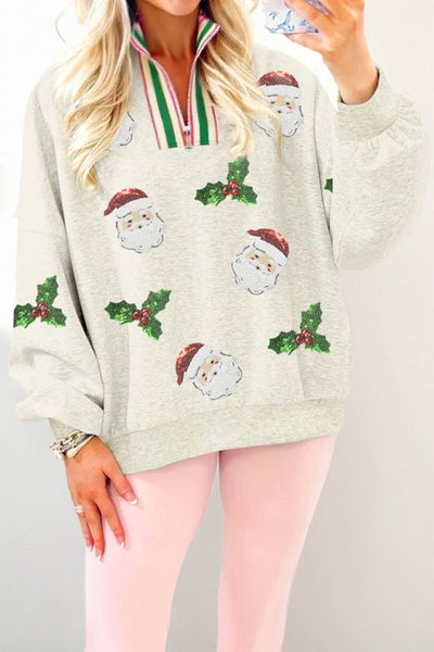 Women's Sequin Santa Quarter-Zip Christmas Sweatshirt