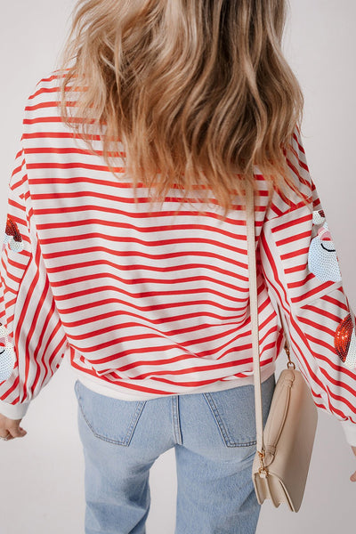 Women's Sequin Santa Striped Holiday Sweatshirt in Festive Orange