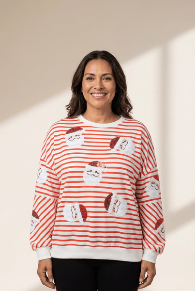 Women's Sequin Santa Striped Holiday Sweatshirt in Festive Orange