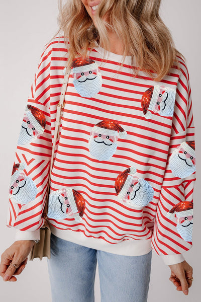 Women's Sequin Santa Striped Holiday Sweatshirt in Festive Orange