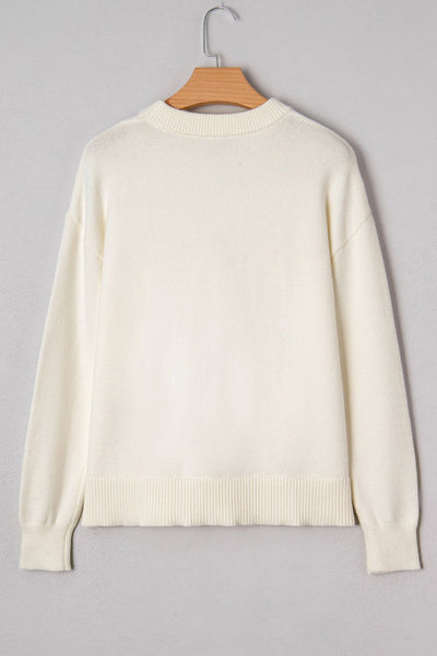 Women's Sequined Bow Knit Holiday Sweater in Winter White