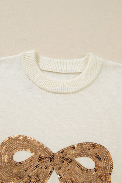 Women's Sequined Bow Knit Holiday Sweater in Winter White