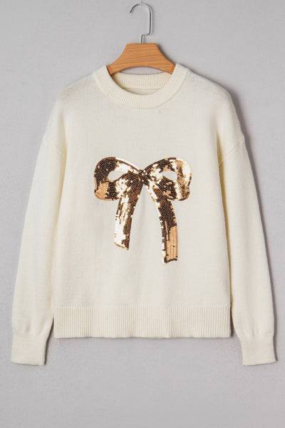 Women's Sequined Bow Knit Holiday Sweater in Winter White