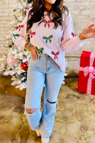 Women's Sequined Bow Pink Sweatshirt - Festive Crewneck