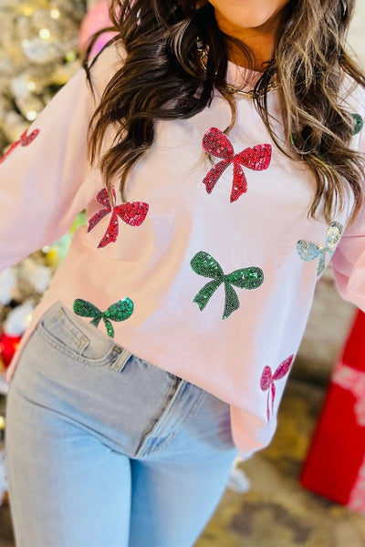Women's Sequined Bow Pink Sweatshirt - Festive Crewneck