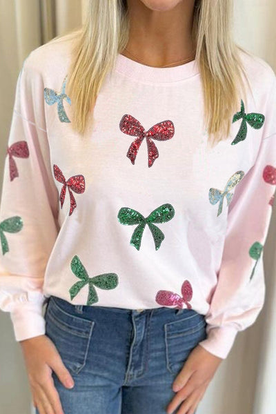 Women's Sequined Bow Pink Sweatshirt - Festive Crewneck