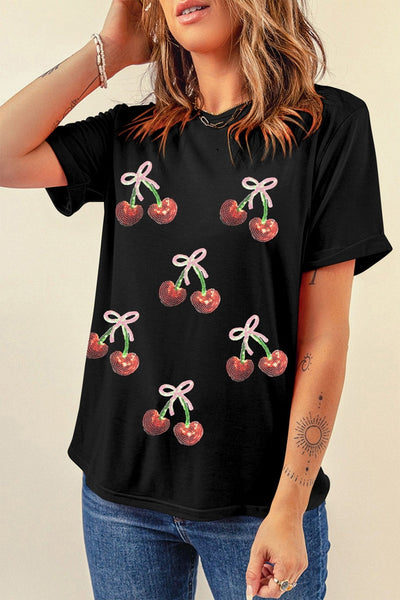 Women's Sequined Cherry Graphic Tee in Soft Cotton Blend