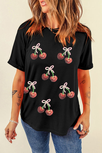 Women's Sequined Cherry Graphic Tee in Soft Cotton Blend