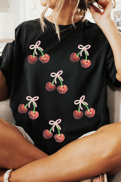 Women's Sequined Cherry Graphic Tee in Soft Cotton Blend
