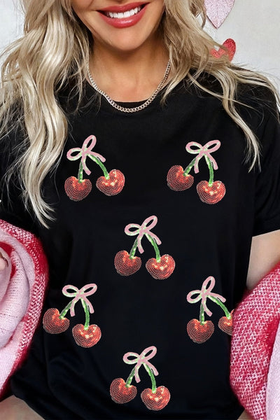 Women's Sequined Cherry Graphic Tee in Soft Cotton Blend