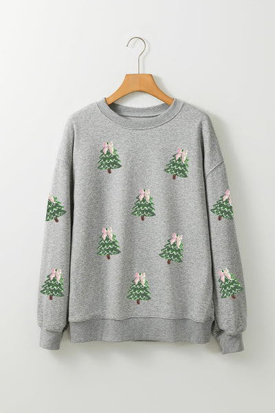 Women's Sequined Christmas Tree Graphic Sweatshirt in Heather Grey