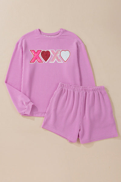 Women's Sequined Heart Ribbed Shorts Set in Phalaenopsis Pink