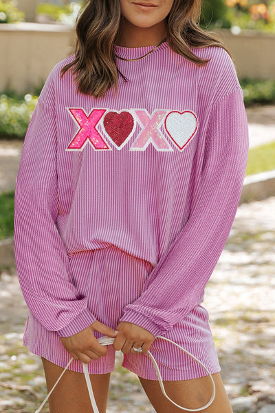 Women's Sequined Heart Ribbed Shorts Set in Phalaenopsis Pink