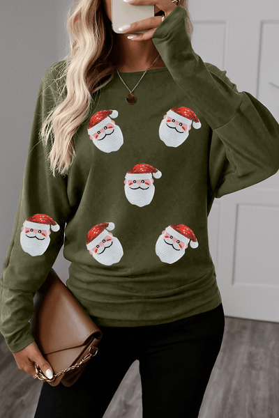 Women's Sequined Santa Graphic Long Sleeve Tee in Olive