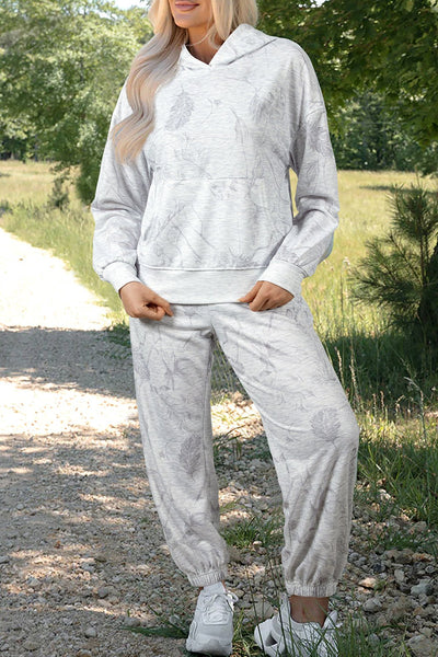 Women's Silver Feather Print Hooded Sweatshirt and Joggers Set