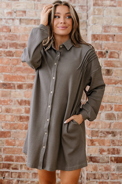 Women's Simply Taupe Waffle Knit Tunic Shirt Dress with Pockets