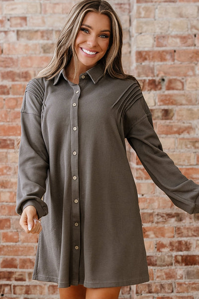 Women's Simply Taupe Waffle Knit Tunic Shirt Dress with Pockets