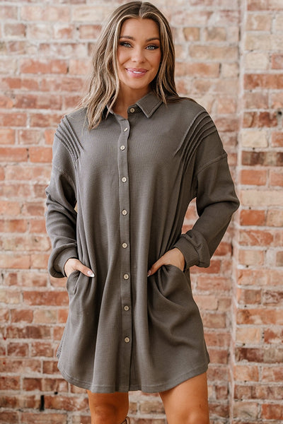 Women's Simply Taupe Waffle Knit Tunic Shirt Dress with Pockets