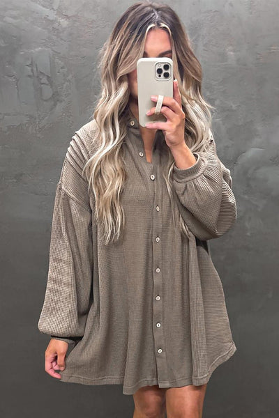 Women's Simply Taupe Waffle Knit Tunic Shirt Dress with Pockets