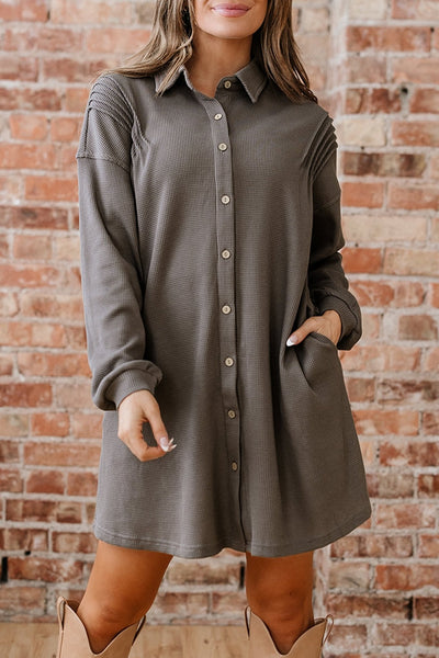 Women's Simply Taupe Waffle Knit Tunic Shirt Dress with Pockets