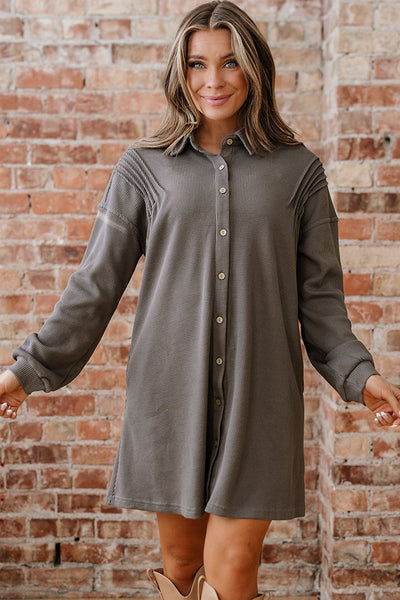 Women's Simply Taupe Waffle Knit Tunic Shirt Dress with Pockets
