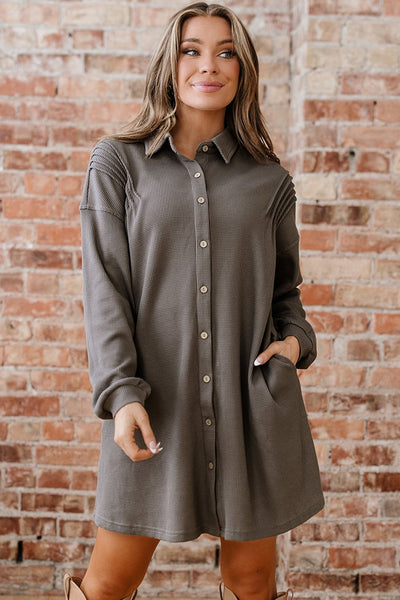 Women's Simply Taupe Waffle Knit Tunic Shirt Dress with Pockets