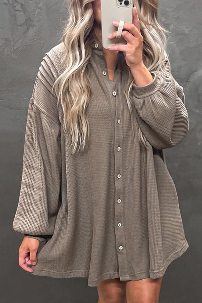 Women's Simply Taupe Waffle Knit Tunic Shirt Dress with Pockets