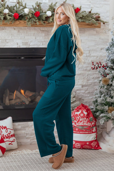 Women's Skobeloff Teal Waffle Knit Henley Lounge Set