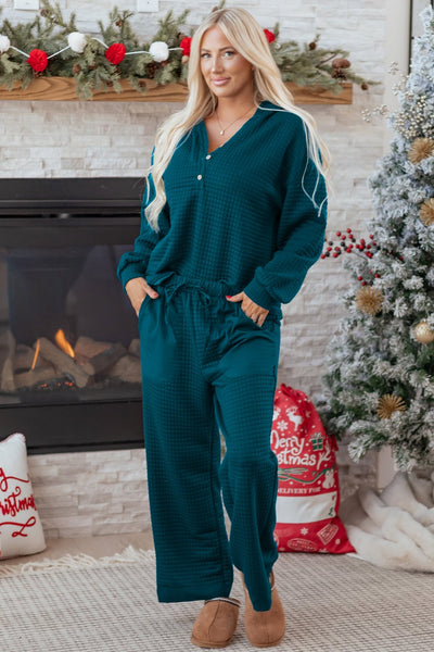 Women's Skobeloff Teal Waffle Knit Henley Lounge Set