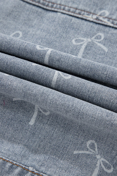 Women's Sky Blue Bow Print Raw Hem Denim Jacket