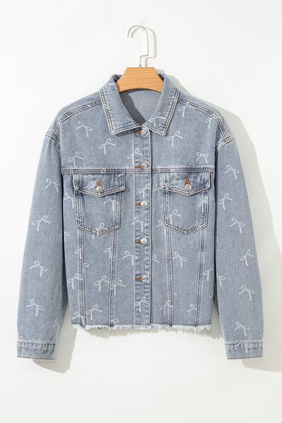 Women's Sky Blue Bow Print Raw Hem Denim Jacket