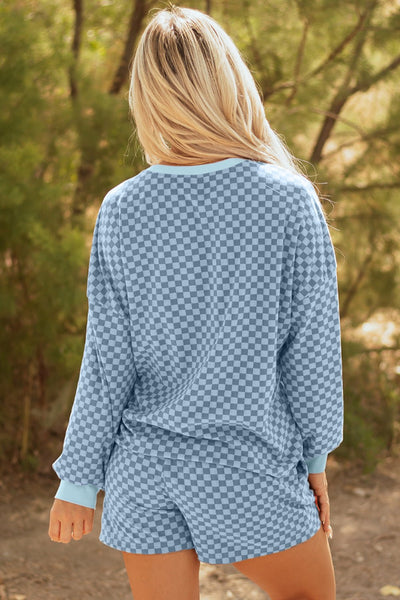 Women's Sky Blue Checkerboard Long Sleeve Top and Shorts Set with practical styling and dependable silhouette control.