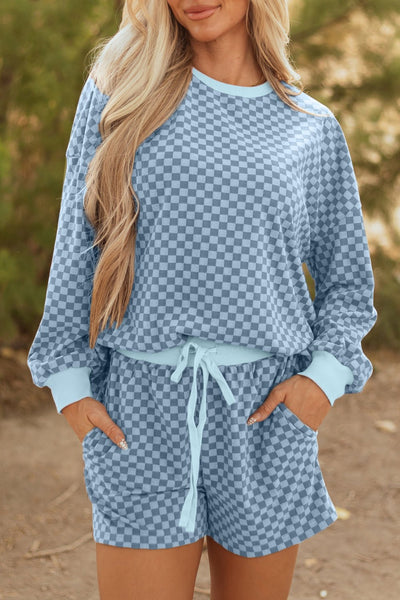 Women's Sky Blue Checkerboard Long Sleeve Top and Shorts Set with practical styling and dependable silhouette control.