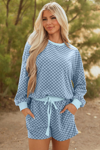 Women's Sky Blue Checkerboard Long Sleeve Top and Shorts Set with practical styling and dependable silhouette control.