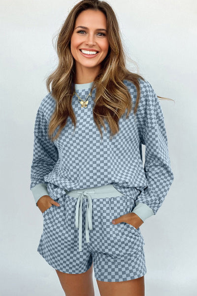 Women's Sky Blue Checkerboard Long Sleeve Top and Shorts Set with practical styling and dependable silhouette control.