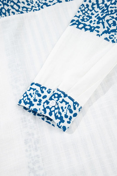 Women's Sky Blue Cotton Striped Leopard Patchwork Blouse