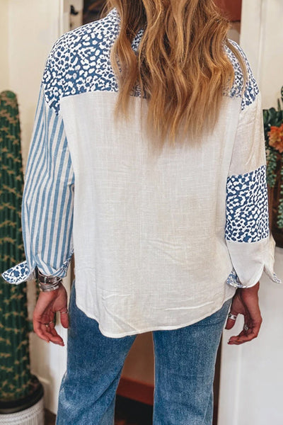 Women's Sky Blue Cotton Striped Leopard Patchwork Blouse