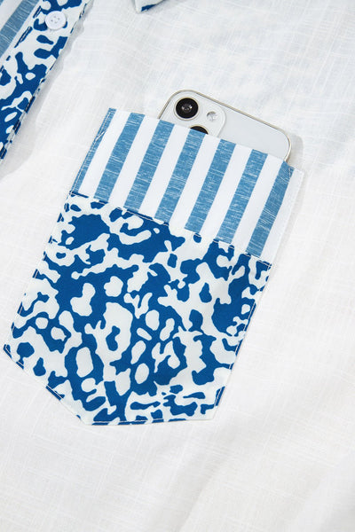 Women's Sky Blue Cotton Striped Leopard Patchwork Blouse
