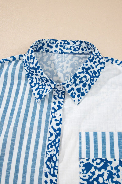 Women's Sky Blue Cotton Striped Leopard Patchwork Blouse