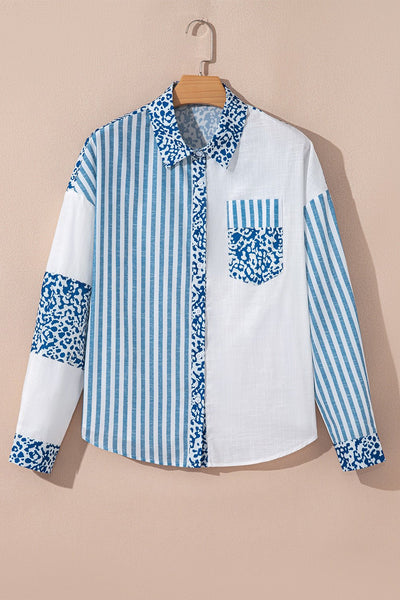 Women's Sky Blue Cotton Striped Leopard Patchwork Blouse