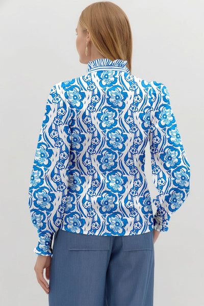 Women's Sky Blue Floral Ruffle Button-Down Shirt with Smocked Cuffs