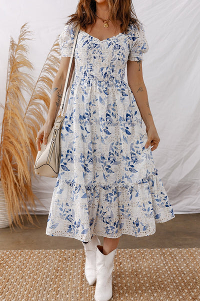 Women's Sky Blue Floral Smocked Viscose Midi Dress